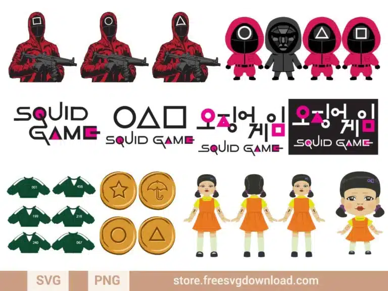 Squid Game SVG Bundle featuring guards, player uniforms, logos, and iconic symbols from the Netflix series