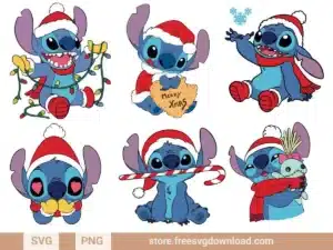 Stitch Christmas SVG Bundle featuring 6 festive designs of Stitch in Santa hats, holding candy canes, gifts, and Christmas decorations, perfect for holiday crafts.