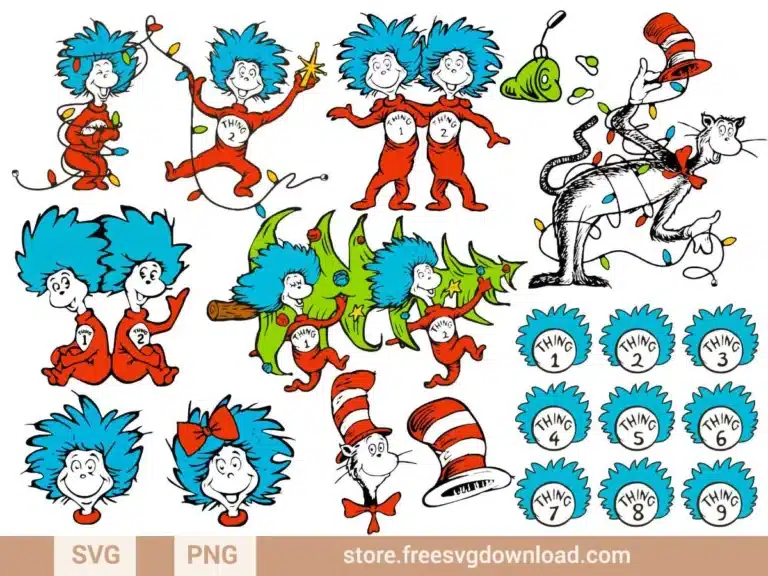 Thing 1 Thing 2 Dr. Seuss SVG Bundle featuring whimsical Seussian characters and decorations