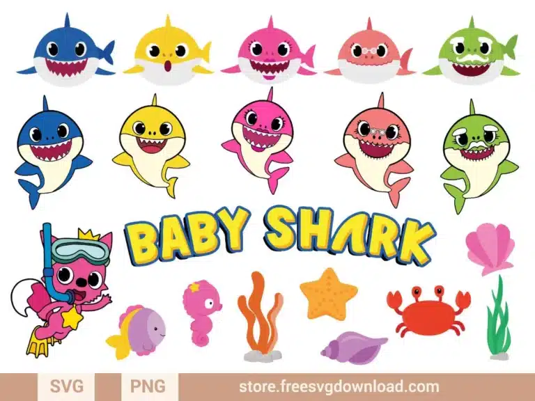 Baby Shark SVG Bundle featuring colorful sharks, ocean animals, and underwater elements, perfect for kids’ crafts and projects.