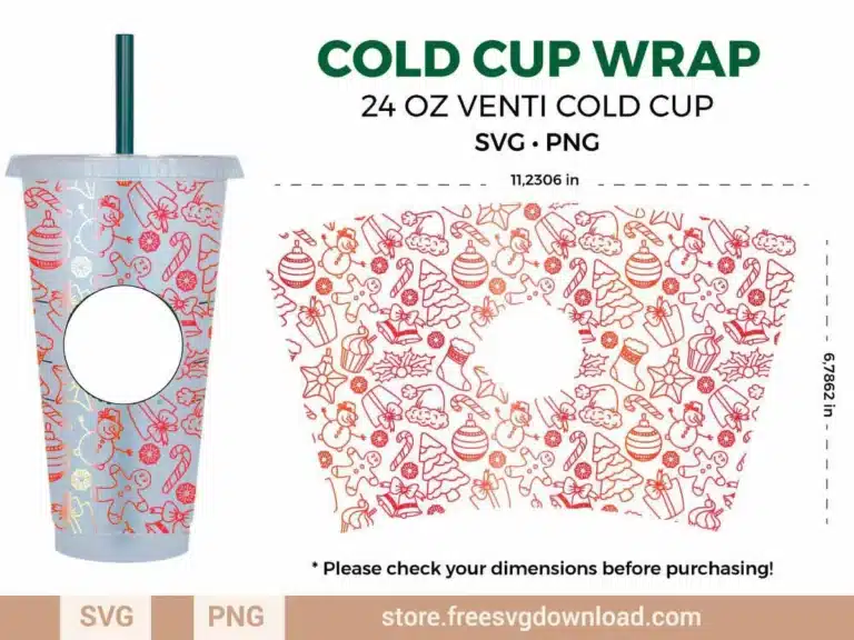 Christmas Joy Starbucks Wrap SVG featuring holiday-themed illustrations for 24 oz Venti cups