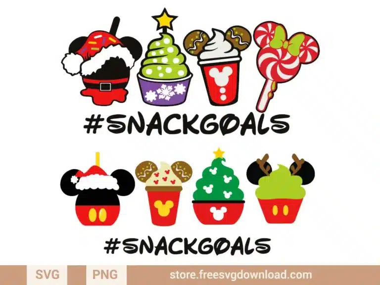 Christmas Snack Goals SVG Bundle featuring Disney-inspired festive treats like cupcakes, cocoa, and candy canes