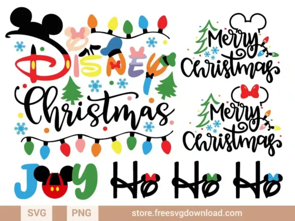 Disney Christmas Light SVG Bundle featuring colorful holiday designs with Mickey heads, festive lights, Christmas trees, and joyful holiday phrases like "Merry Christmas," "JOY," and "Ho Ho Ho."