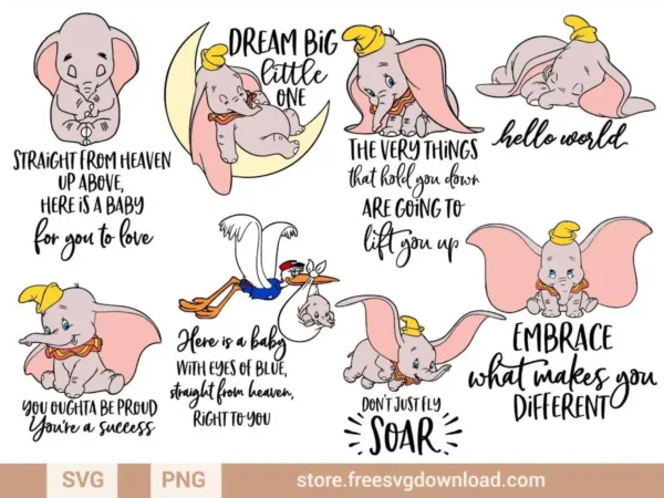 Dumbo SVG Bundle featuring adorable Dumbo designs, inspirational quotes, and baby-themed elements, ideal for nursery decor and crafts.