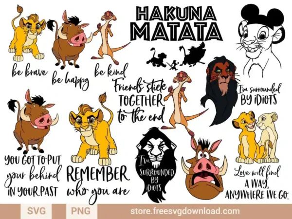 Lion King SVG Bundle featuring Simba, Timon, Pumbaa, and Scar with famous quotes and fun designs