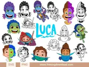 Luca SVG Bundle featuring characters from Disney-Pixar’s Luca in both human and sea monster forms