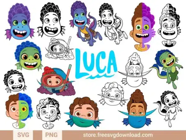 Luca SVG Bundle featuring characters from Disney-Pixar’s Luca in both human and sea monster forms