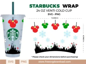 Mickey Christmas Disney Starbucks Wrap SVG for 24 oz Venti Cold Cup with festive Disney holiday design