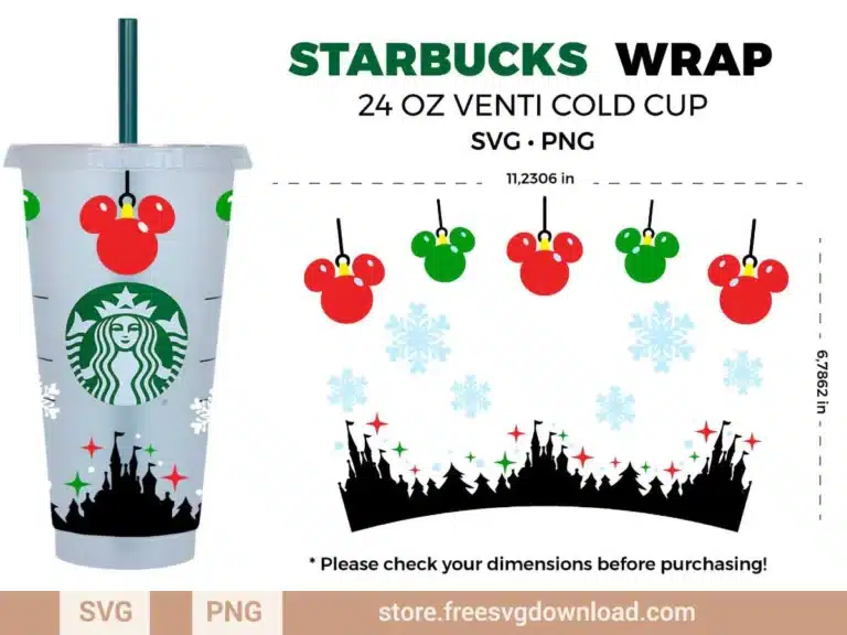 Mickey Christmas Disney Starbucks Wrap SVG for 24 oz Venti Cold Cup with festive Disney holiday design