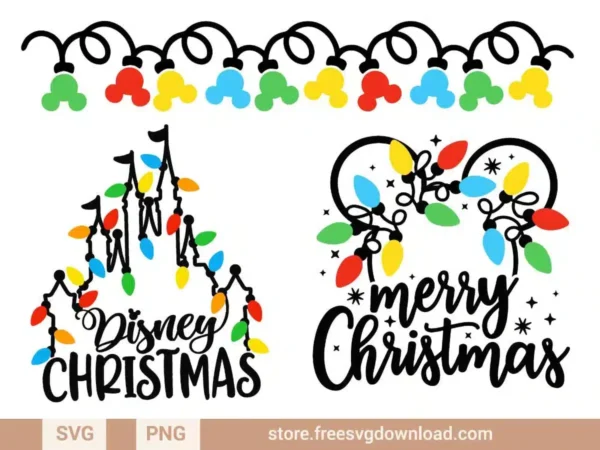 Mickey Christmas Lights SVG Bundle featuring festive Disney-inspired Christmas lights and castle designs