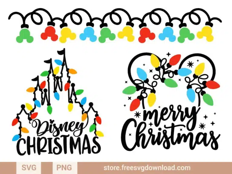 Mickey Christmas Lights SVG Bundle featuring festive Disney-inspired Christmas lights and castle designs