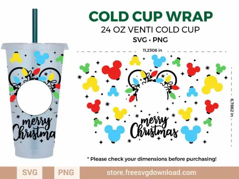 Mickey Christmas Lights Starbucks Wrap SVG featuring festive Disney-inspired holiday elements for 24 oz Venti cups