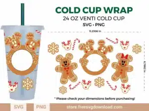 Mickey Gingerbread Starbucks Wrap SVG for 24 oz Venti Cold Cup with festive Christmas design