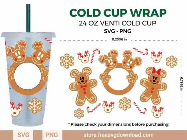 Mickey Gingerbread Starbucks Wrap SVG for 24 oz Venti Cold Cup with festive Christmas design