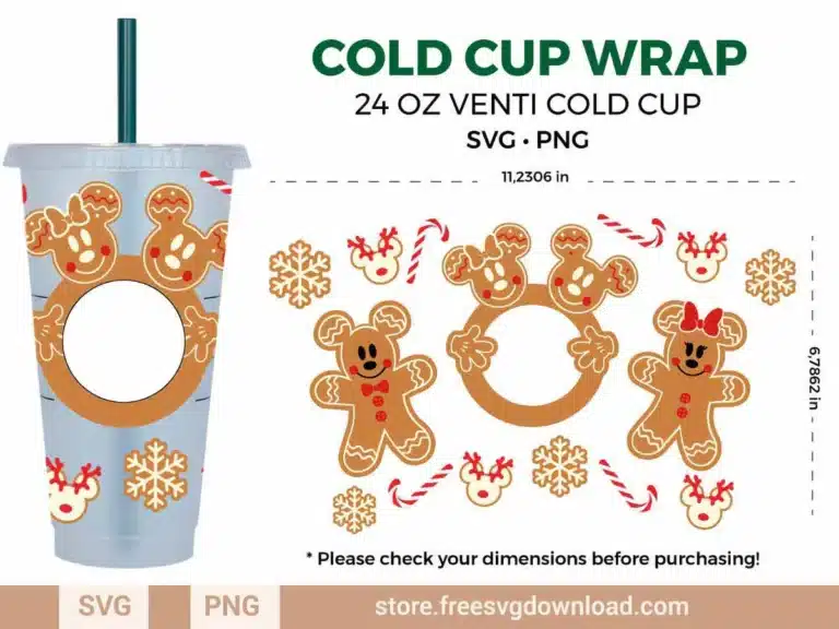 Mickey Gingerbread Starbucks Wrap SVG for 24 oz Venti Cold Cup with festive Christmas design