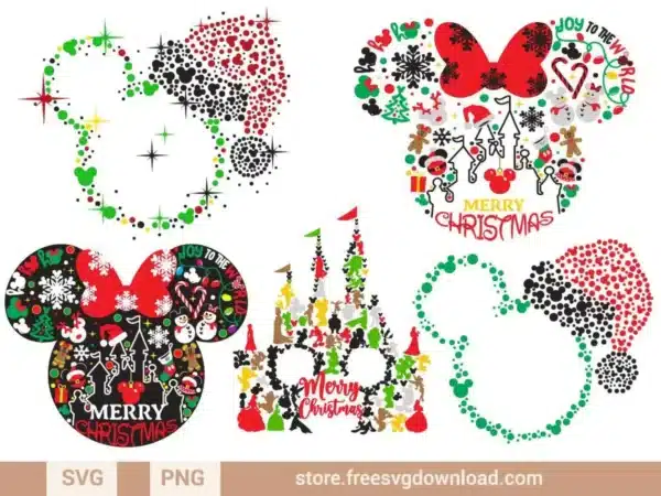 Mickey Head Christmas SVG Bundle featuring festive designs with Mickey silhouettes, Christmas castles, and holiday icons