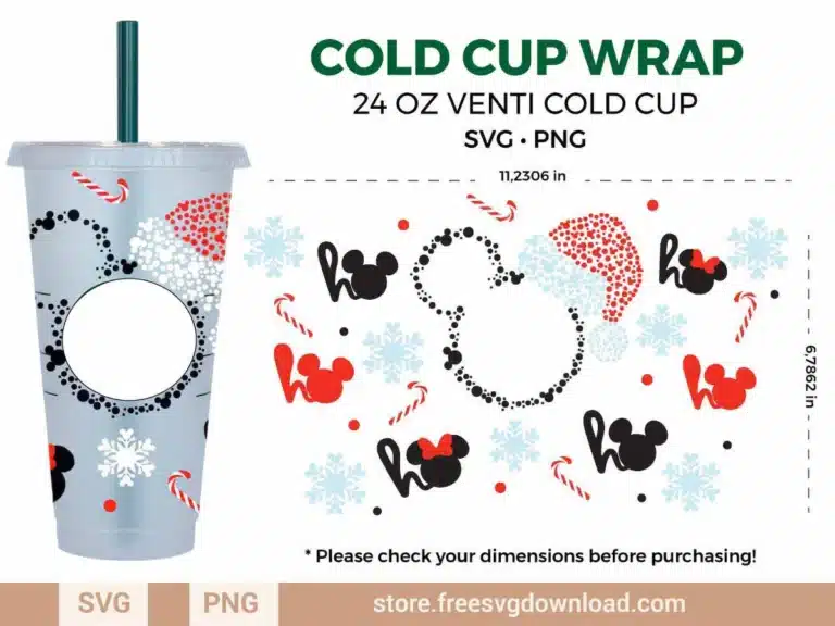 Mickey Ho Ho Ho Starbucks Wrap SVG for 24 oz Venti Cold Cup with festive Disney Christmas design