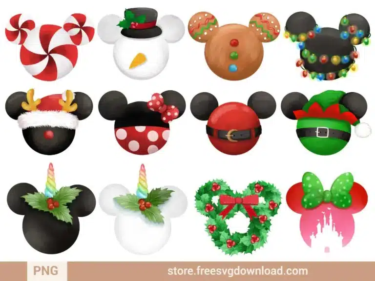 Festive Mickey Mouse Christmas designs including candy canes, wreaths, and Santa hats in high-resolution PNG format.
