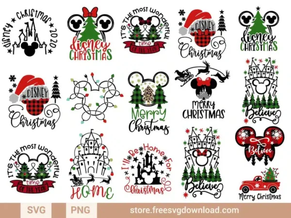 Mickey Mouse Head Christmas SVG Bundle featuring festive designs with Mickey heads, holiday quotes, Christmas trees, lights, and castle.