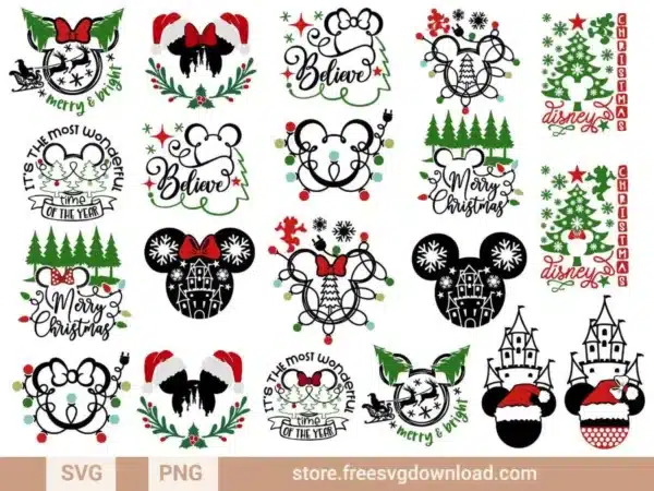 Mickey Mouse Head Christmas SVG Bundle featuring festive Mickey designs with trees, snowflakes, castles, and holiday phrases