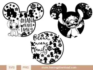 Mickey Outline Stitch SVG Bundle featuring Stitch inside Mickey-shaped outlines, floral accents, and "Ohana Means Family" text with tropical-themed designs.