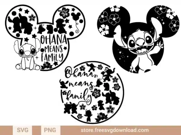 Mickey Outline Stitch SVG Bundle featuring Stitch inside Mickey-shaped outlines, floral accents, and "Ohana Means Family" text with tropical-themed designs.