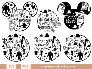 Mickey Outline Toy Story SVG Bundle featuring Mickey shapes and Toy Story characters with quotes like "To Infinity & Beyond."