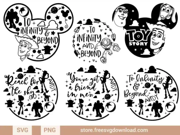 Mickey Outline Toy Story SVG Bundle featuring Mickey shapes and Toy Story characters with quotes like "To Infinity & Beyond."