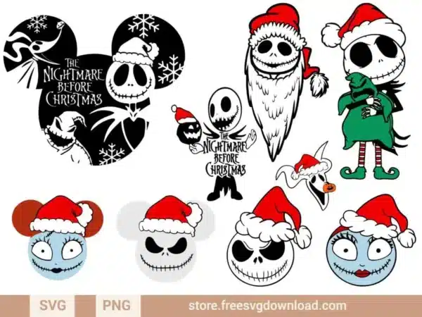 Nightmare Before Christmas Hat SVG Bundle featuring Jack Skellington, Sally, Oogie Boogie, and Zero in Santa hats