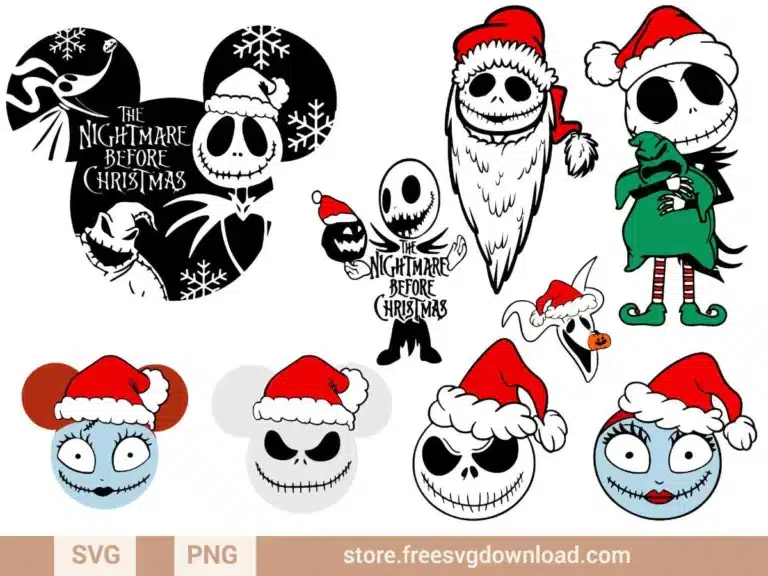 Nightmare Before Christmas Hat SVG Bundle featuring Jack Skellington, Sally, Oogie Boogie, and Zero in Santa hats