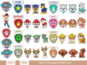 Paw Patrol SVG Bundle featuring Ryder, Chase, Marshall, and the Paw Patrol team with badges and logos