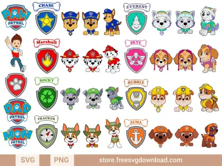 Paw Patrol SVG Bundle featuring Ryder, Chase, Marshall, and the Paw Patrol team with badges and logos