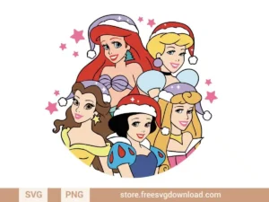 Princess Christmas SVG Bundle 2 featuring Disney princesses in Santa hats surrounded by stars