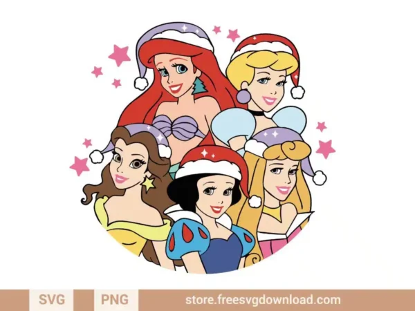 Princess Christmas SVG Bundle 2 featuring Disney princesses in Santa hats surrounded by stars