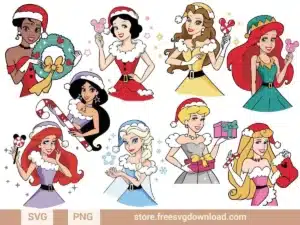 Princess Christmas SVG Bundle featuring Disney princesses in festive holiday outfits with candy canes and gifts