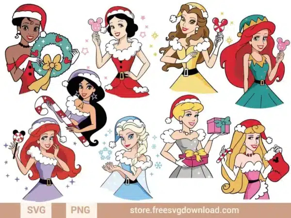 Princess Christmas SVG Bundle featuring Disney princesses in festive holiday outfits with candy canes and gifts