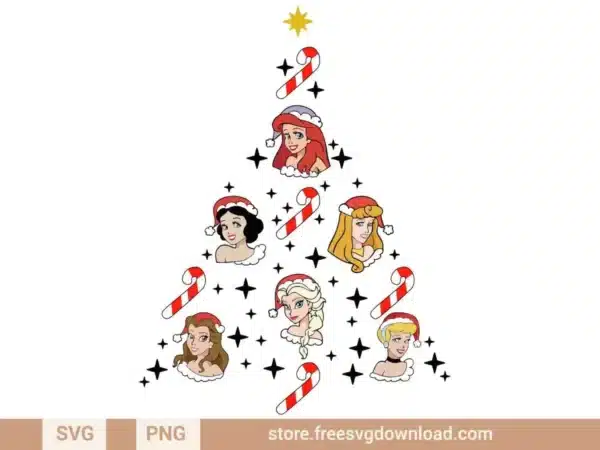 Princess Christmas Tree SVG Bundle featuring Disney princesses in a festive tree pattern with candy canes and stars