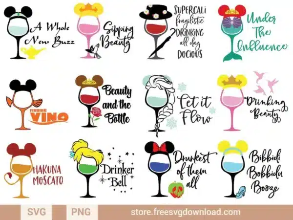 Princess Wine SVG Bundle featuring playful wine glass designs inspired by iconic princesses, perfect for crafting fun, Disney-themed drinkware.