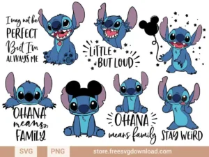 Various Stitch SVG Bundle designs with playful poses and quotes like "Ohana means family" for crafting and personalization.