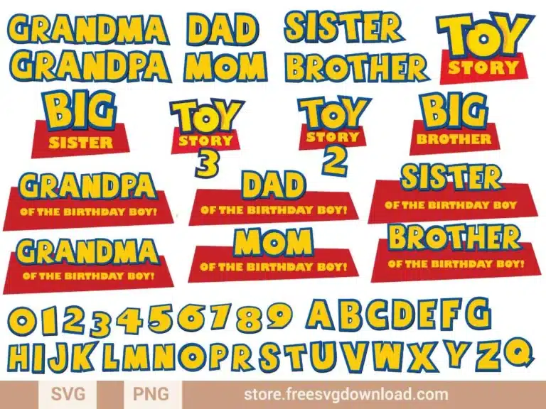 Toy Story Birthday and Alphabet SVG Bundle featuring letters, numbers, and family titles in Toy Story font