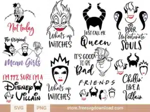 Villains SVG Bundle featuring Maleficent, Ursula, Cruella de Vil, Evil Queen, and sassy quotes