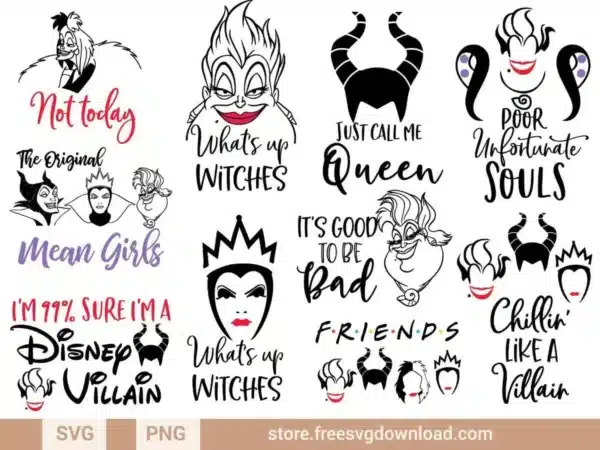 Villains SVG Bundle featuring Maleficent, Ursula, Cruella de Vil, Evil Queen, and sassy quotes