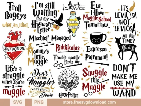 Harry Potter SVG bundle with 20 magical quotes and elements, including phrases like ‘Espresso Patronum,’ ‘Mischief Managed,’ ‘Snuggle This Muggle,’ and ‘Don’t Make Me Use My Wand,’ along with themed graphics such as Felix Felicis potion, wands, glasses, love potion bottle, and the Hogwarts castle.