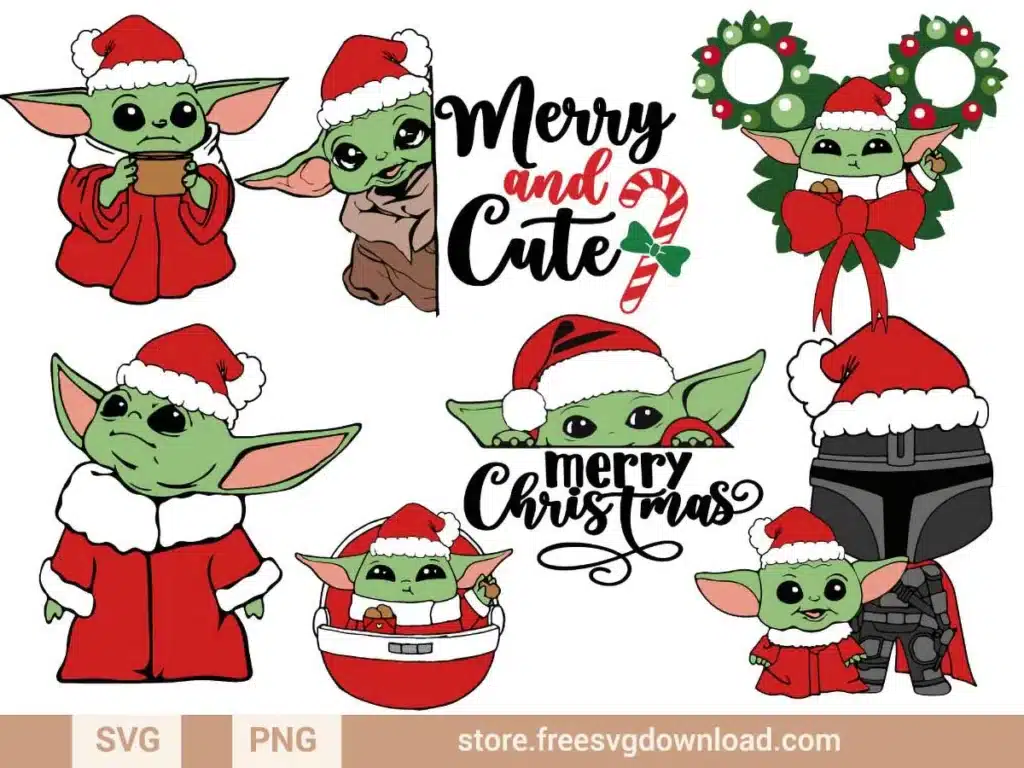 Baby Yoda Christmas SVG Bundle with 8 festive designs, featuring Baby Yoda in Santa outfits and holiday-themed accents