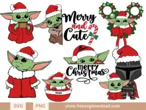 Baby Yoda Christmas SVG Bundle with 8 festive designs, featuring Baby Yoda in Santa outfits and holiday-themed accents