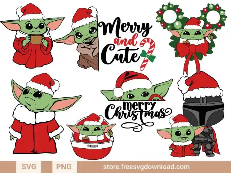 Baby Yoda Christmas SVG Bundle with 8 festive designs, featuring Baby Yoda in Santa outfits and holiday-themed accents