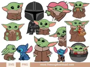 Baby Yoda SVG Bundle featuring adorable designs of Grogu in various poses, with Stitch and other creative elements