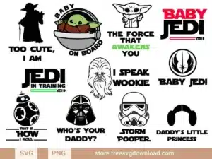 Star Wars Baby SVG Bundle featuring Baby Yoda, fun quotes, and Star Wars-themed baby designs