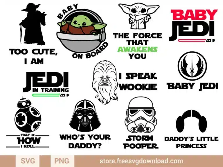 Star Wars Baby SVG Bundle featuring Baby Yoda, fun quotes, and Star Wars-themed baby designs