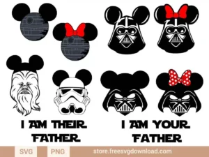 Star Wars Mickey SVG Bundle featuring Mickey-inspired Darth Vader, Stormtroopers, Death Star designs with playful phrases